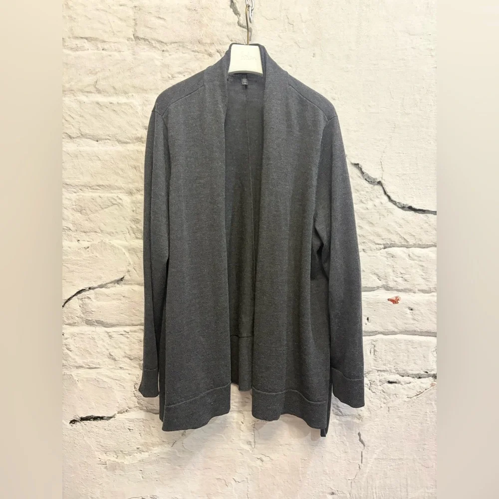 Eileen Fisher Open-Front Mid Length Charcoal Gray Cardigan 100% Merino‎ Wool